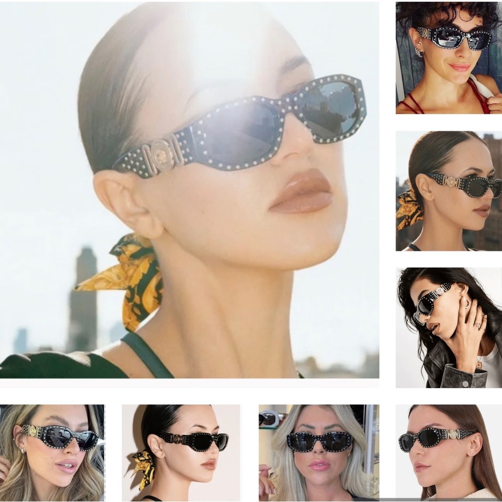 VERSACE BLACK EMBELLISHED WITH GOLD STUDS FOR A DRAMATIC EFFECT , SUNGLASSES